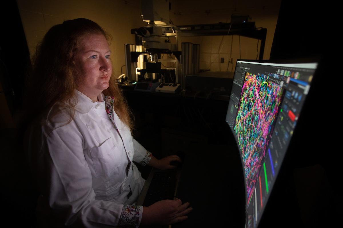 Photo of Dr. Amy Nelson in the lab working on a computer