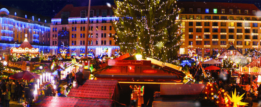 Christmas in Europe displaying a Christmas tree and carnival.