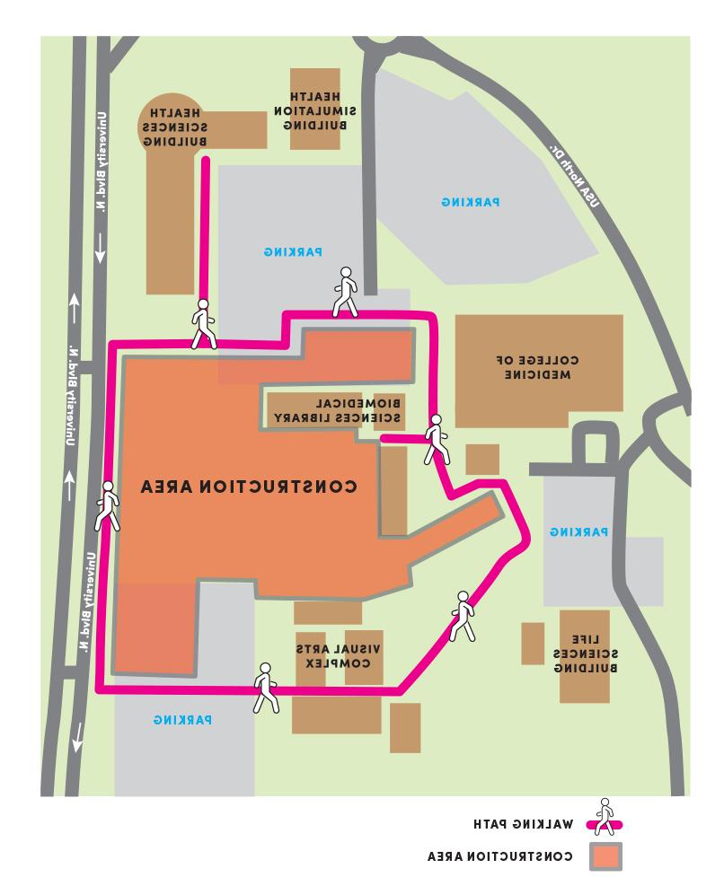 Graphic map presentation of the the new Frederick P. Whiddon College of Medicine construction area located between the following locations: Current College of Medicine, Life Sciences Building, Visual Arts Complex, University Blvd., Health Sciences Building  and Health Simulation Building.